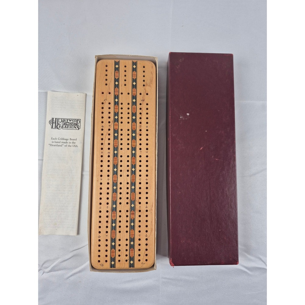 Heartwood Creations Inlaid Wood Cribbage Board Set Cards Pegs Case Handmade USA